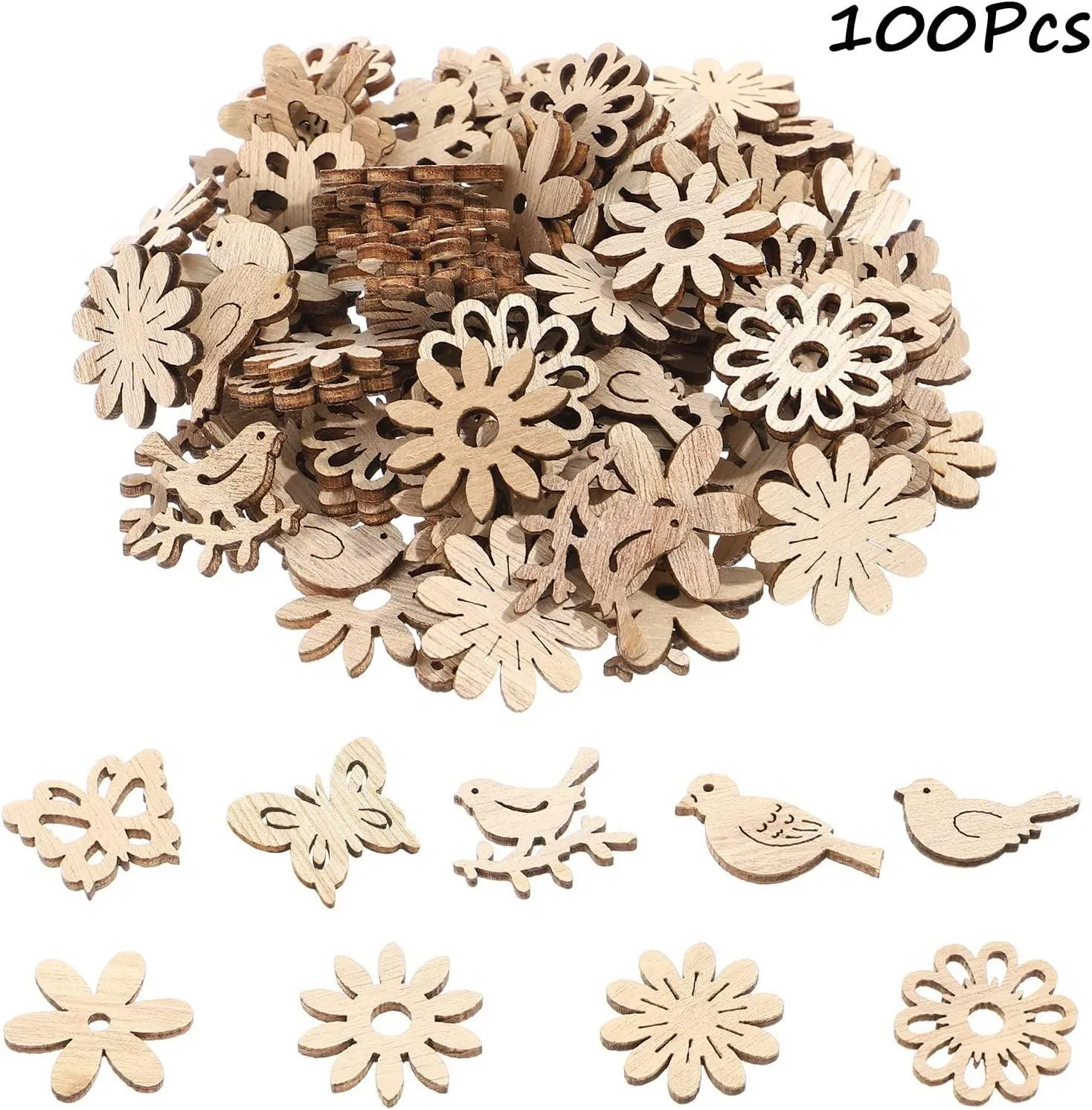 100Pcs Wood Crafts Flowers for Wooden Slices Embellishments Butterflies Butterfly Tiny Bird