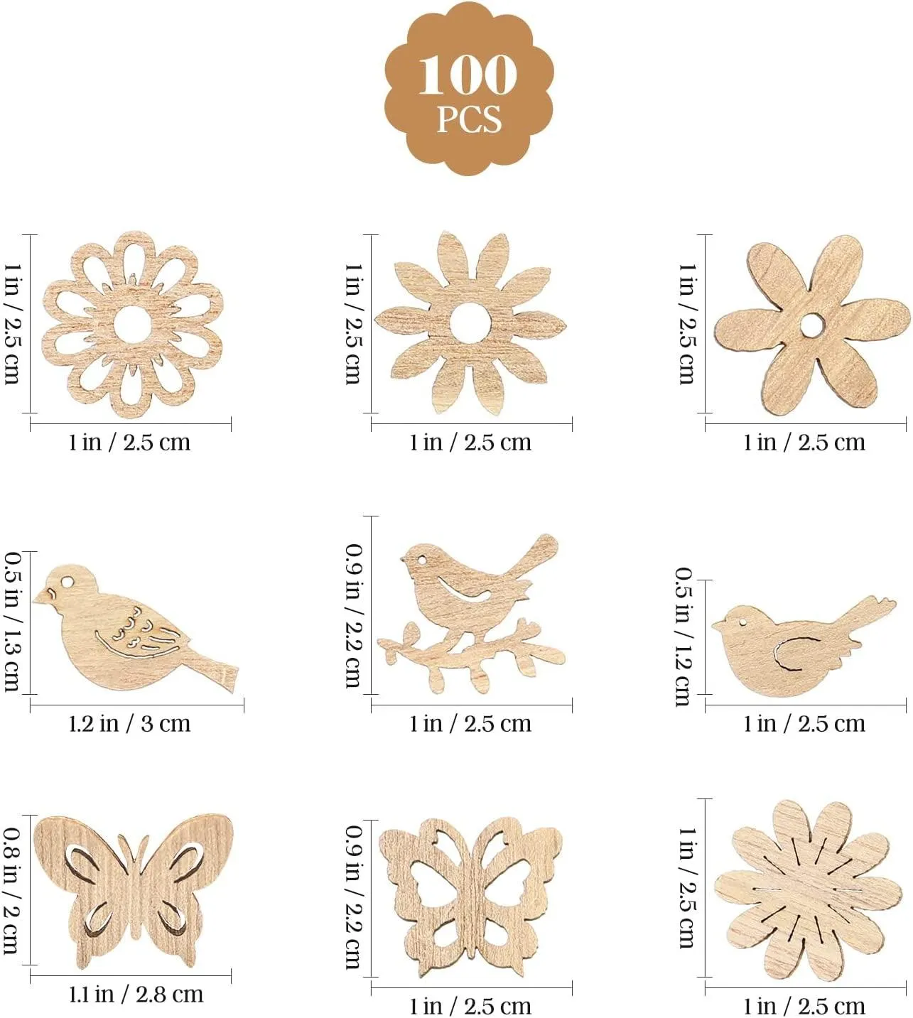 100Pcs Wood Crafts Flowers for Wooden Slices Embellishments Butterflies Butterfly Tiny Bird