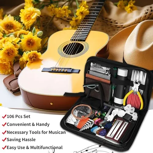 106Pcs Guitar Tool Kit, Guitar Accessories Guitar Maintenance Kit, Guitar Repair Kit with Capo Guitar Strings Picks Bridge Pins Gauge, TIMDAM Guitar