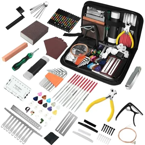 106Pcs Guitar Tool Kit, Guitar Accessories Guitar Maintenance Kit, Guitar Repair Kit with Capo Guitar Strings Picks Bridge Pins Gauge, TIMDAM Guitar