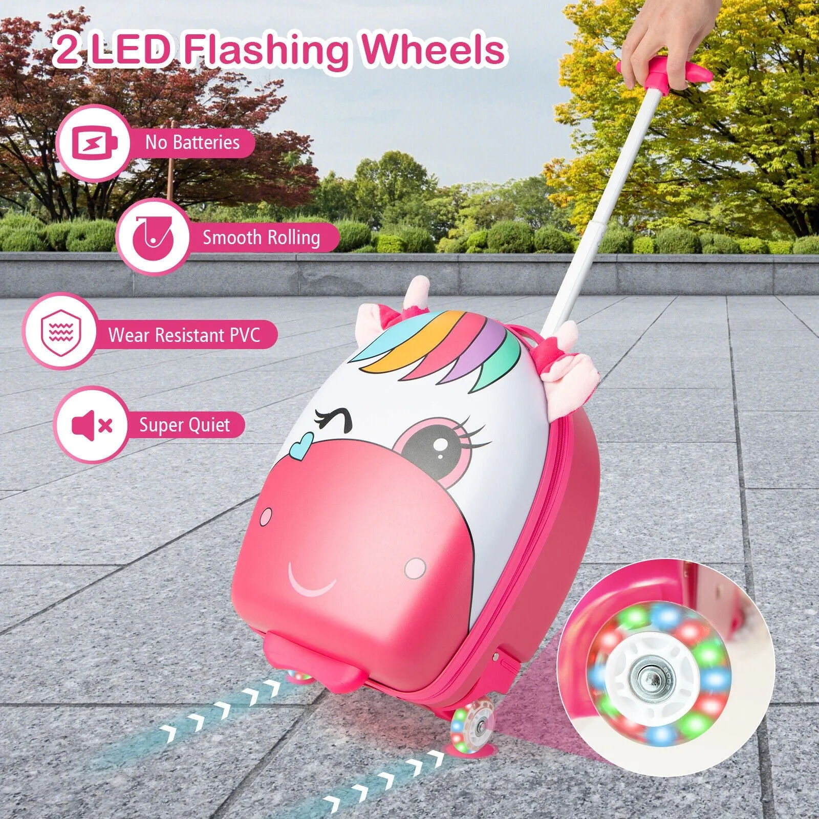 16 Inch Kids Rolling Luggage with 2 Flashing Wheels and Telescoping Handle - Pink