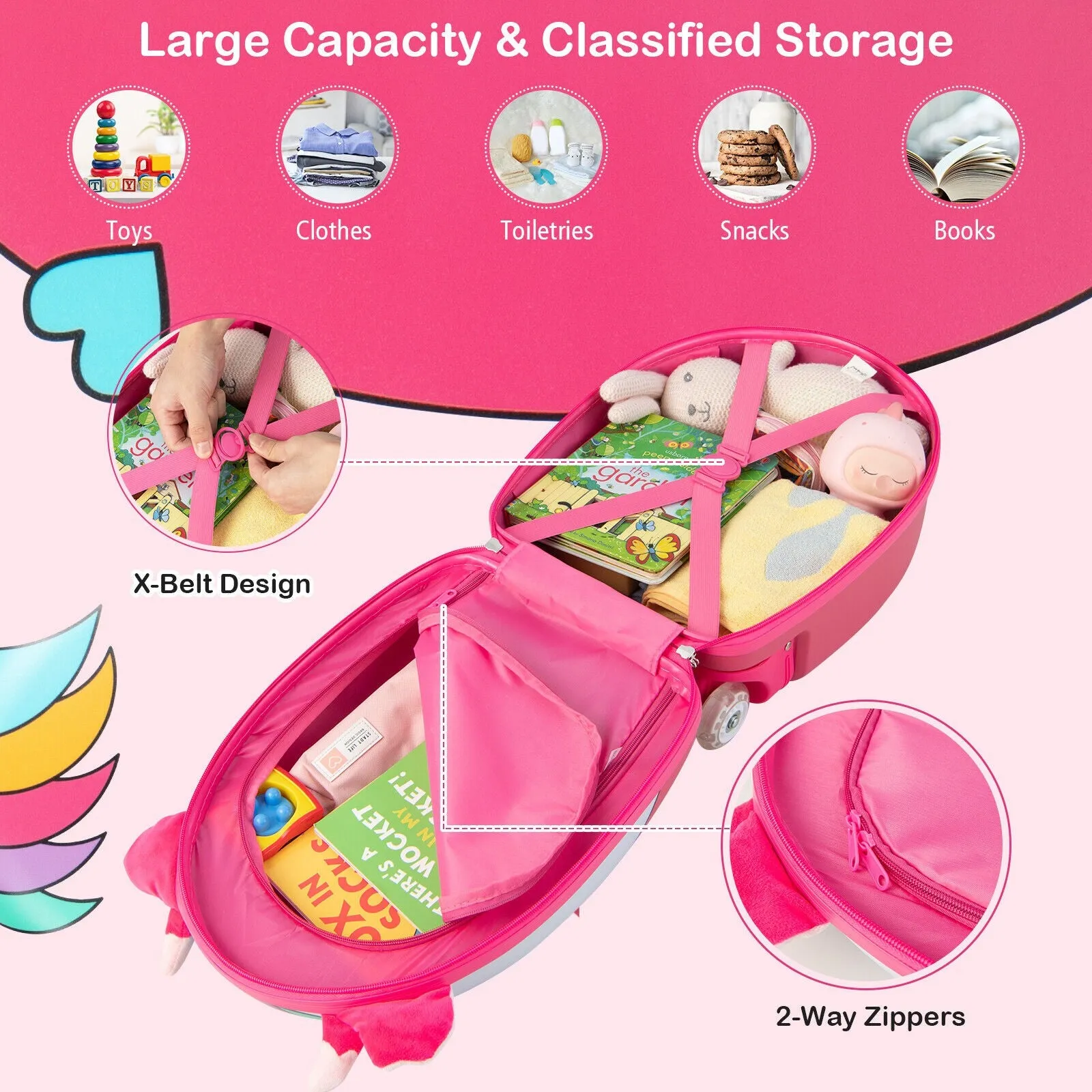 16 Inch Kids Rolling Luggage with 2 Flashing Wheels and Telescoping Handle - Pink