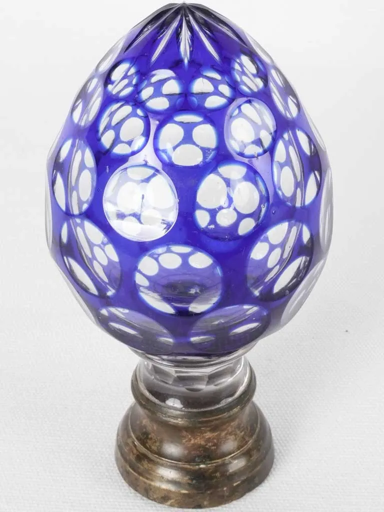 19th century crystal newel cap - blue acorn 7"