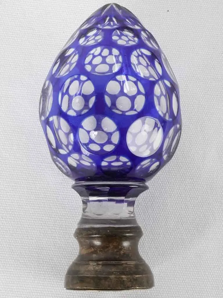 19th century crystal newel cap - blue acorn 7"