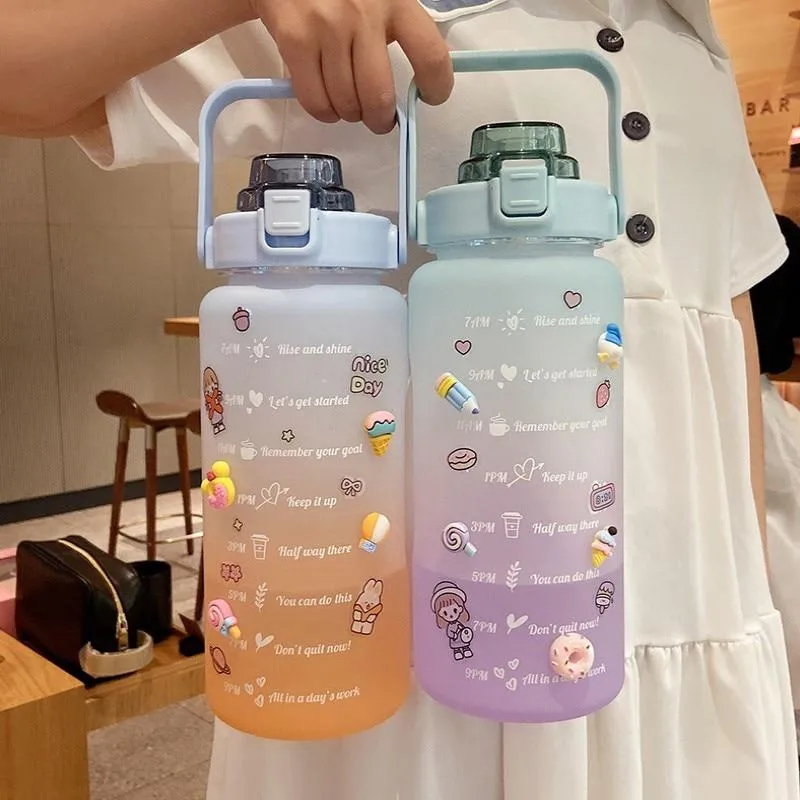 2000ml Kawaii Water Bottle With Straw Sport Plastic Portable Square Drinking Bottle For Girl Cute Juice Tea Water Cups