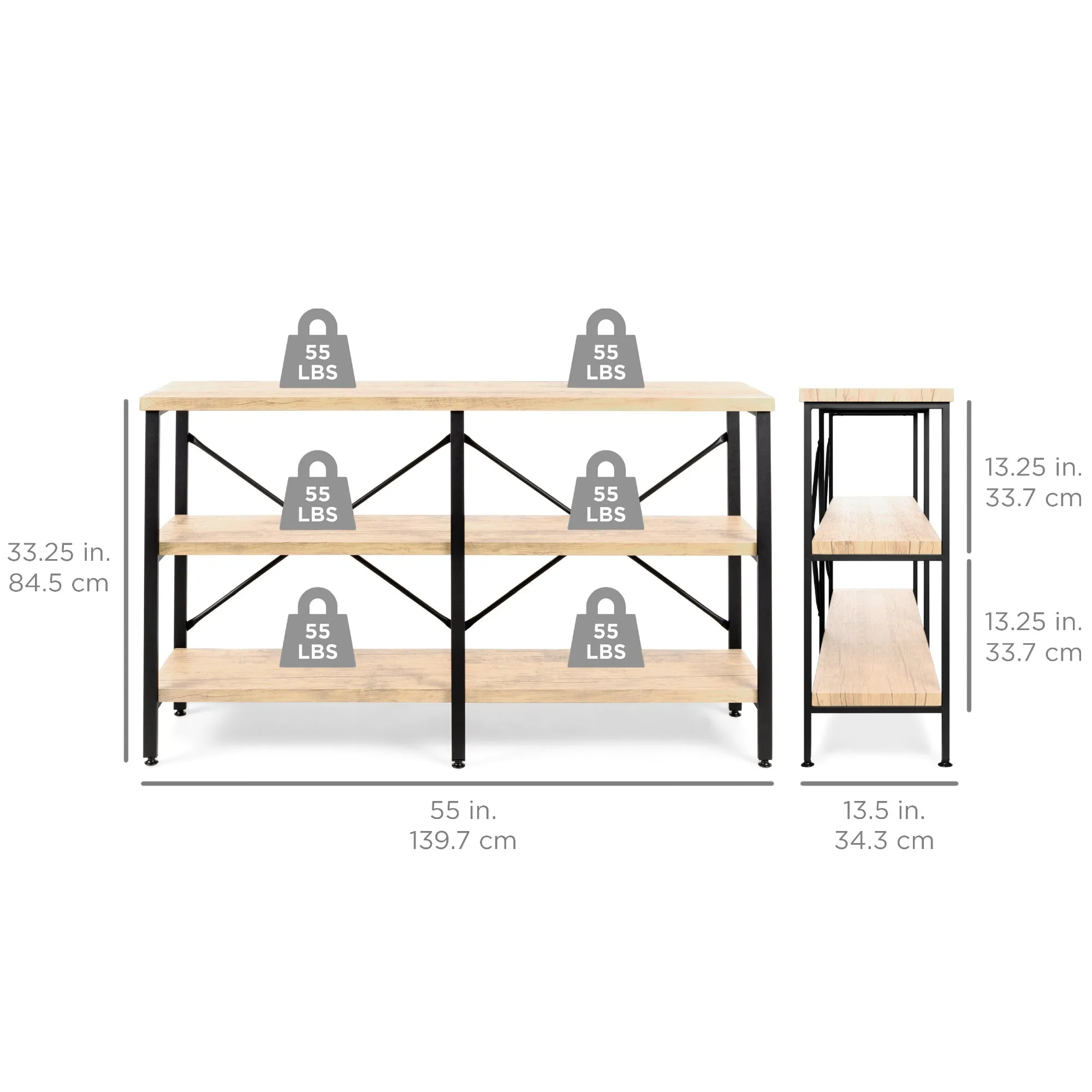 3-Tier Industrial Hallway Console Table for Living Room, Entry Way - 55in