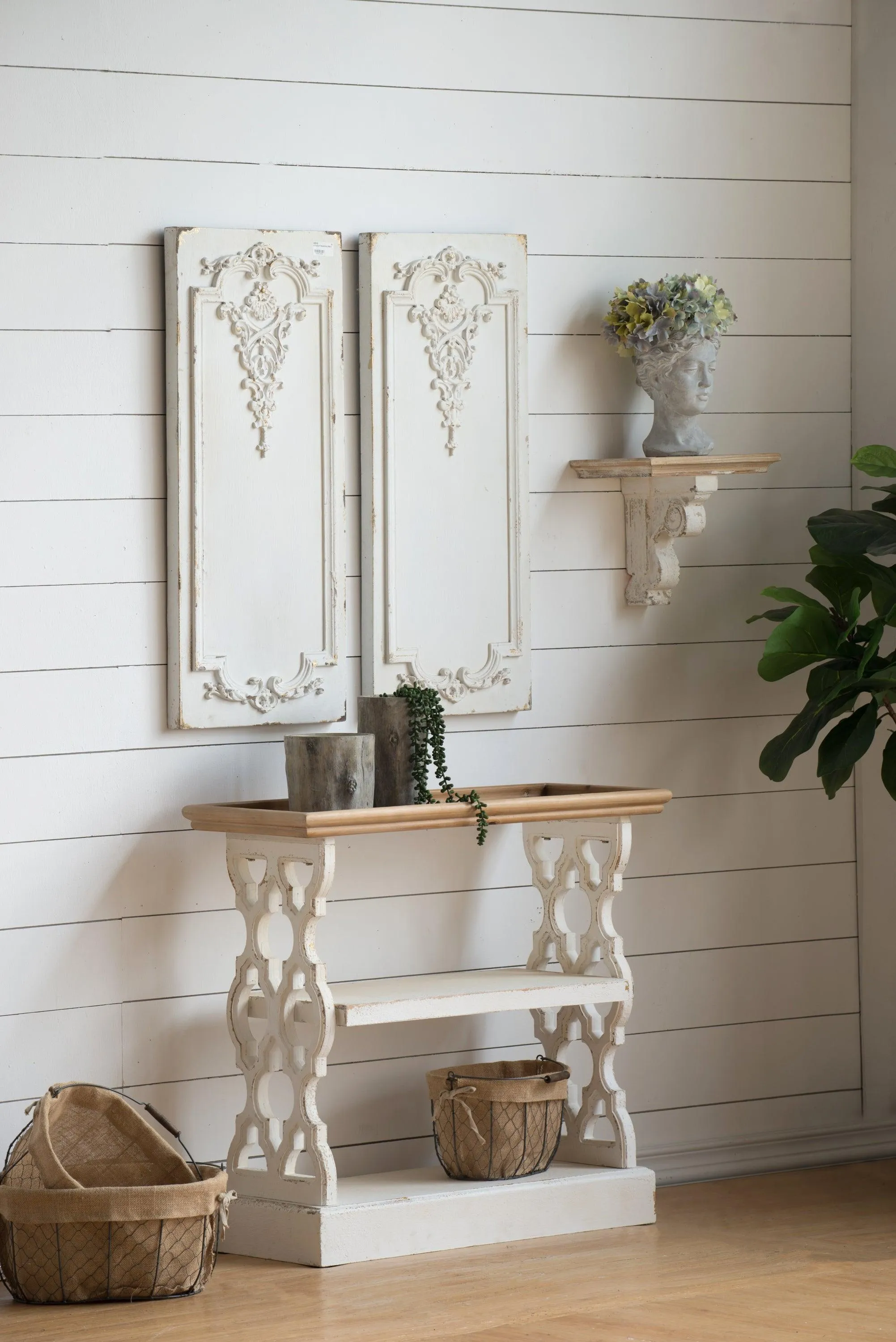 35.5" x 14" x 32" Distressed White and Natural Wood French Country Console Table