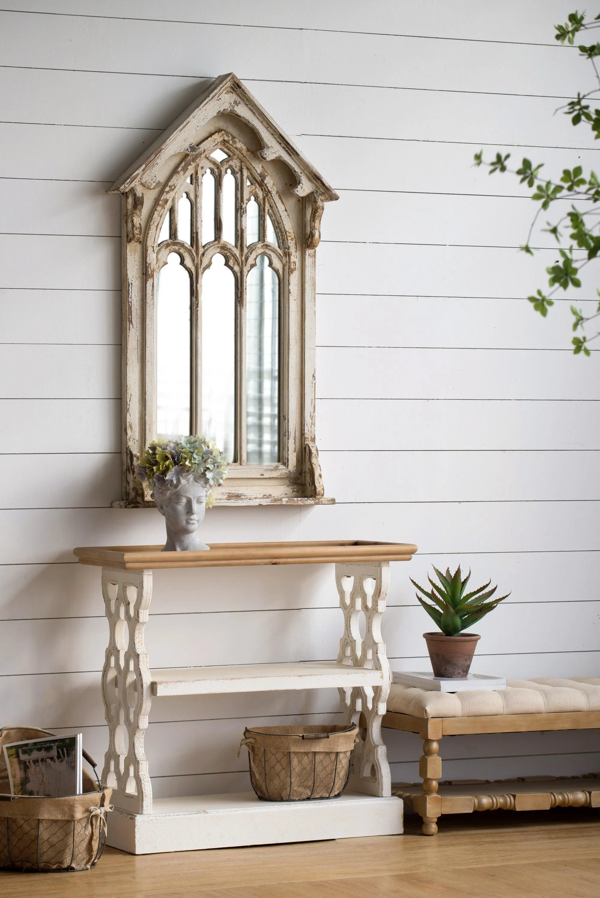 35.5" x 14" x 32" Distressed White and Natural Wood French Country Console Table