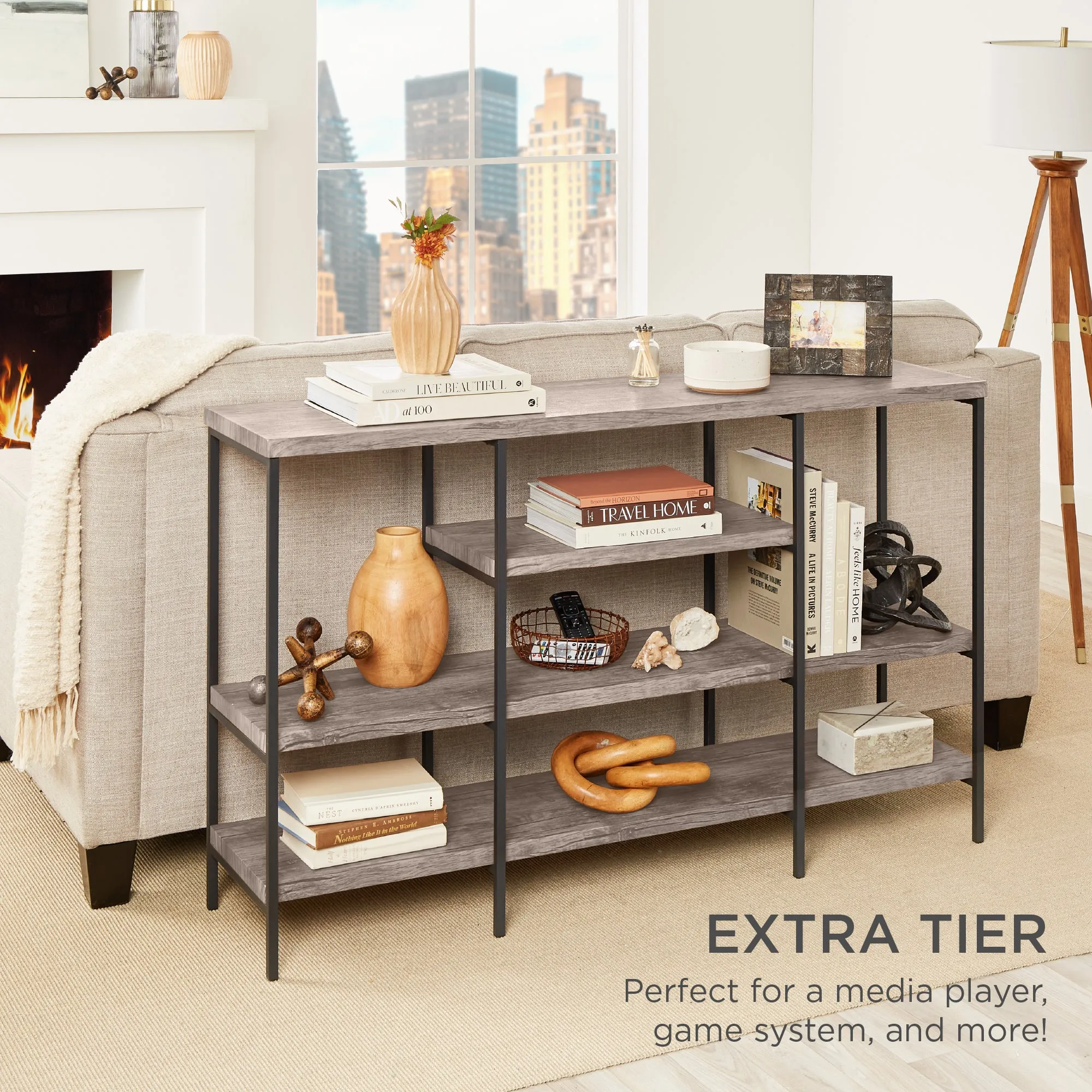 4-Tier Industrial Console Table w/ Tall Shelf Space - 55in