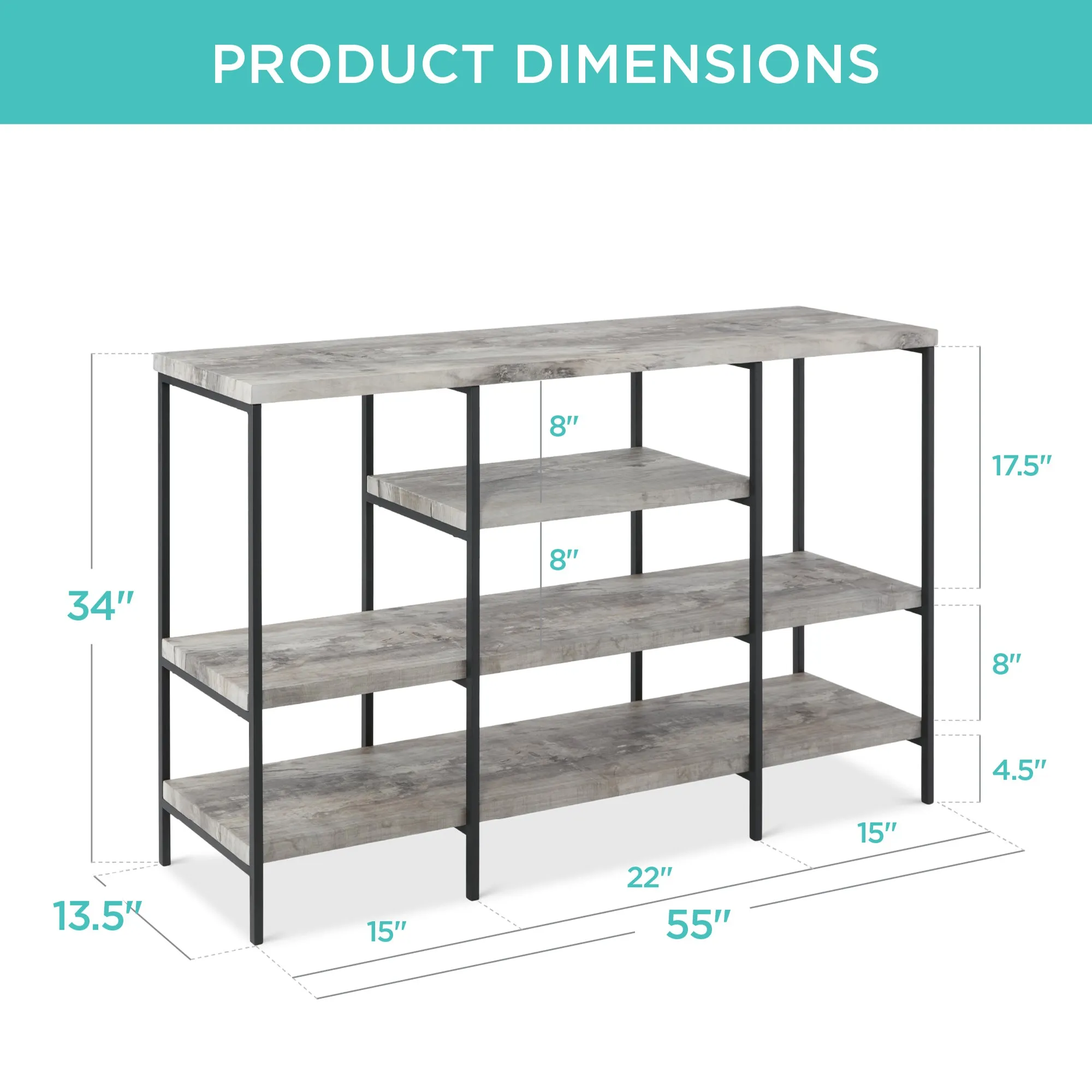 4-Tier Industrial Console Table w/ Tall Shelf Space - 55in