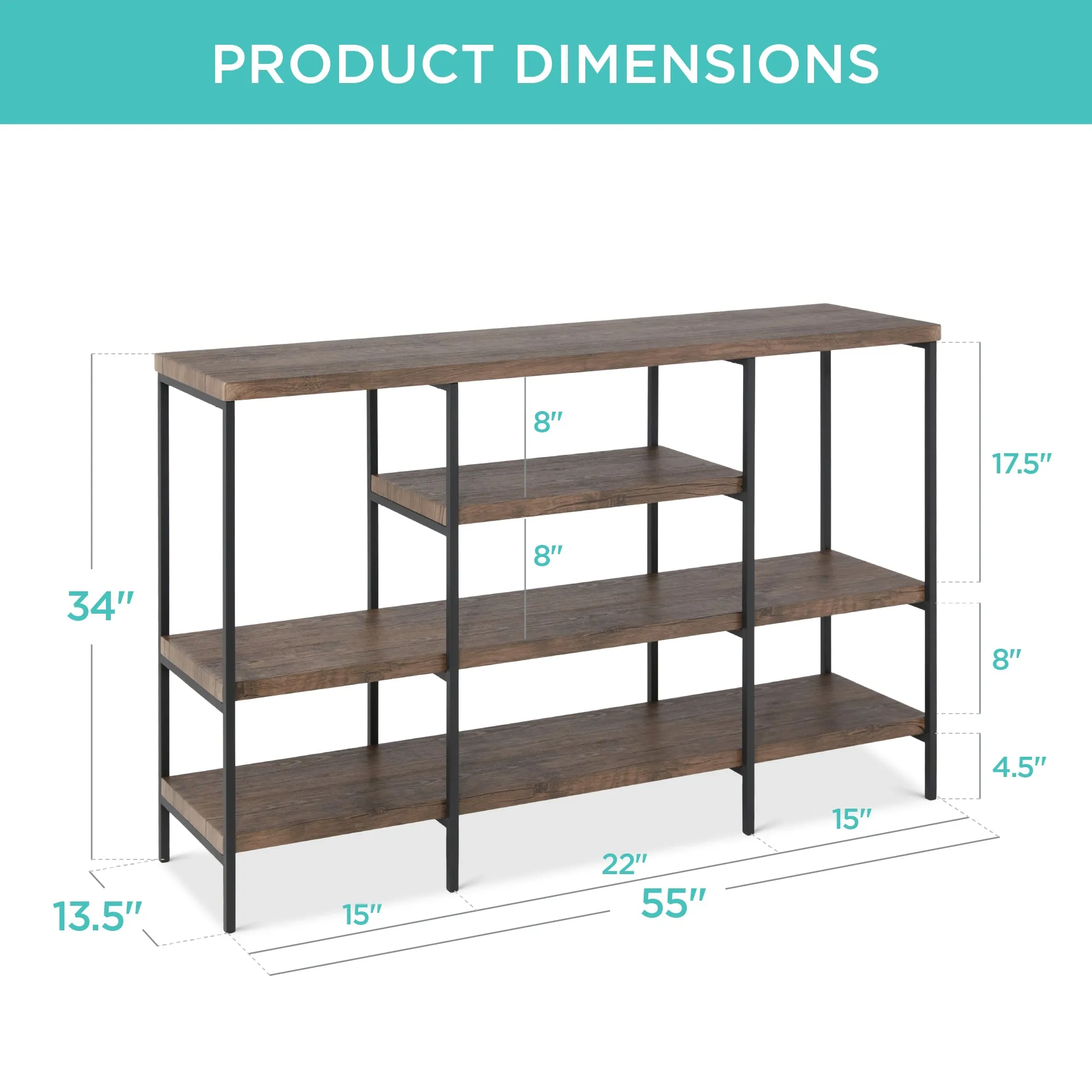 4-Tier Industrial Console Table w/ Tall Shelf Space - 55in