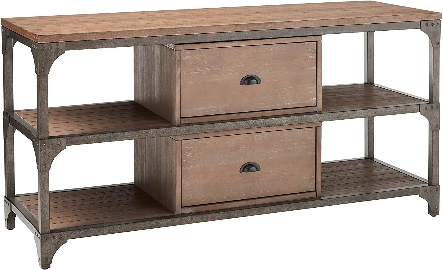 ACME Gorden TV Stand in Weathered Oak & Antique Silver