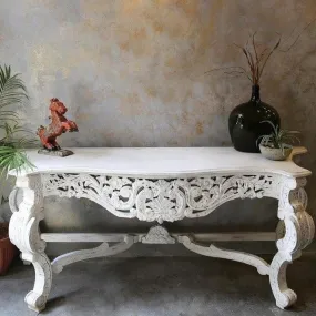 Antique Floral Motif Distressed Hand Carved Wooden Console