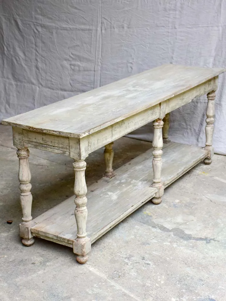 Antique French drapery table with beige / grey painted patina 74¾" long