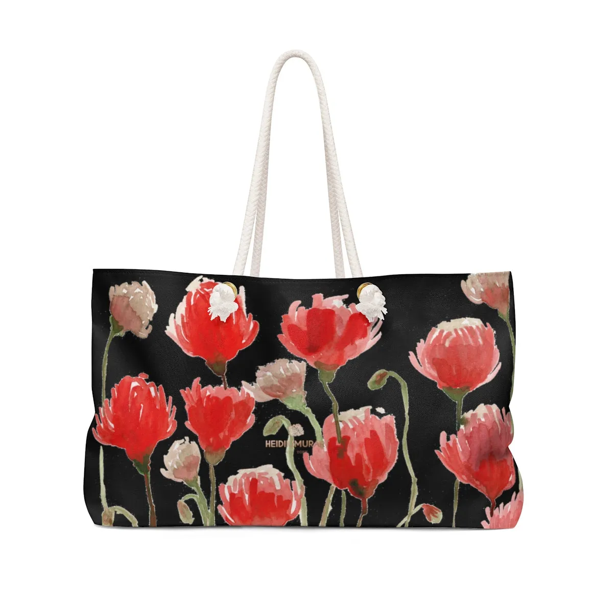 Black Red Poppy Weekender Bag, Flowers Floral Print Oversized 24"x13" Large Tote Bag - Made in USA