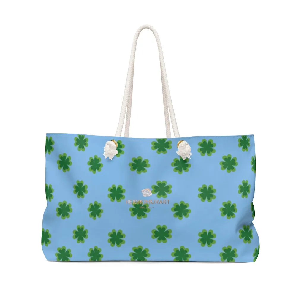 Blue Clover Print Weekender Bag, St. Patrick's Day Large Oversize Tote Bag- Printed in USA