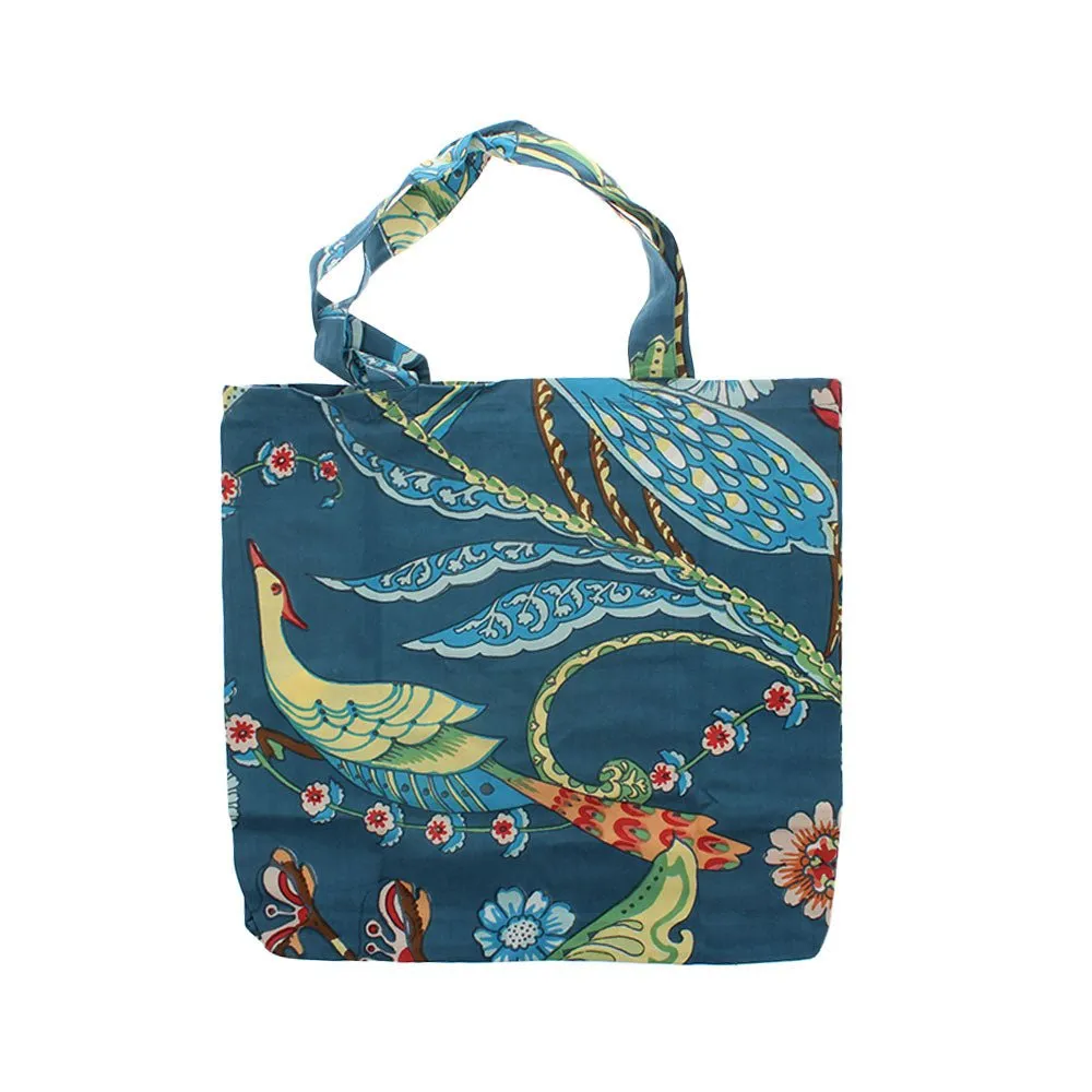 Blue Floral, Exotic Bird Print Canvas Tote Bag