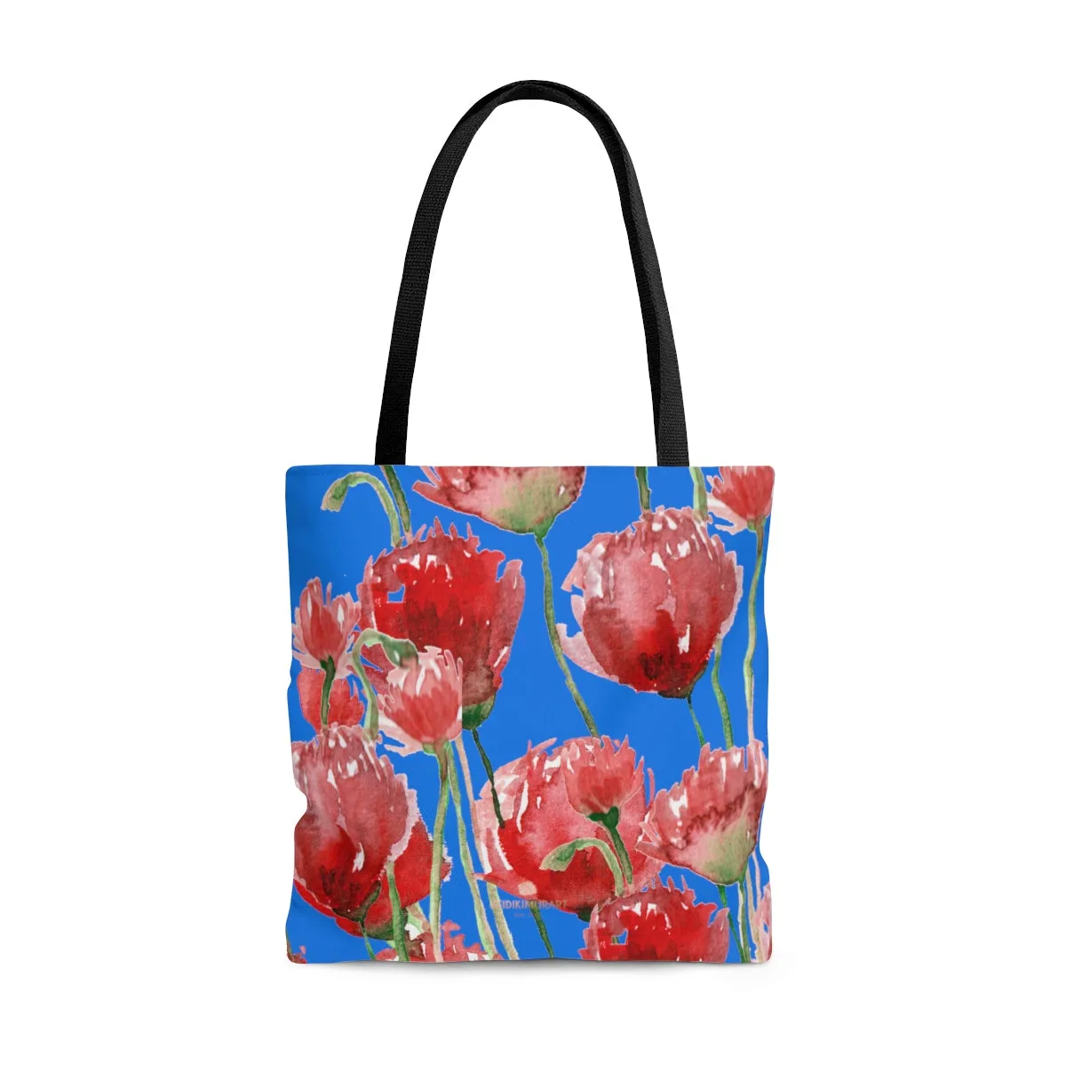 Blue Red Tulips Tote Bag, Sky Blue Pacific Northwest Red Tulip Flower Floral Designer Tote Bag - Made in USA