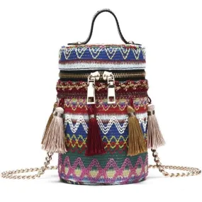 Boho Weave Ethnic Tassel Barrel Shaped Bag