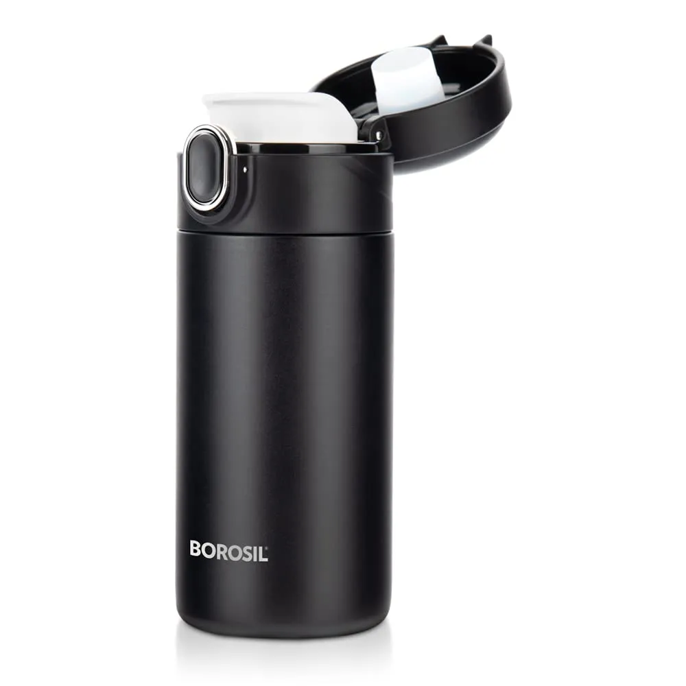 Borosil Stainless Steel Hydra Double Wall Vacuum Insulated Traveller Flask, (Black, 300 ml)