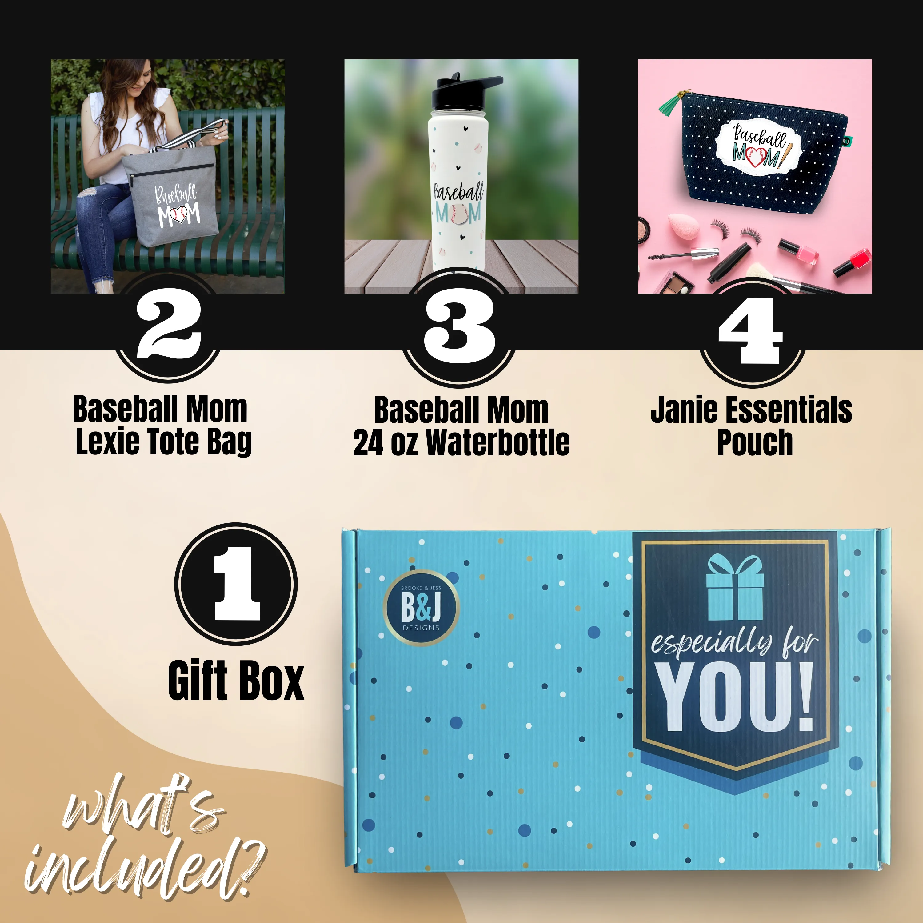 Brooke and Jess Designs - Baseball Mom Lexie Gray Tote Bag, 24 oz Waterbottle Tumbler, and Janie Makeup Cosmetic Bag Gift Box Set