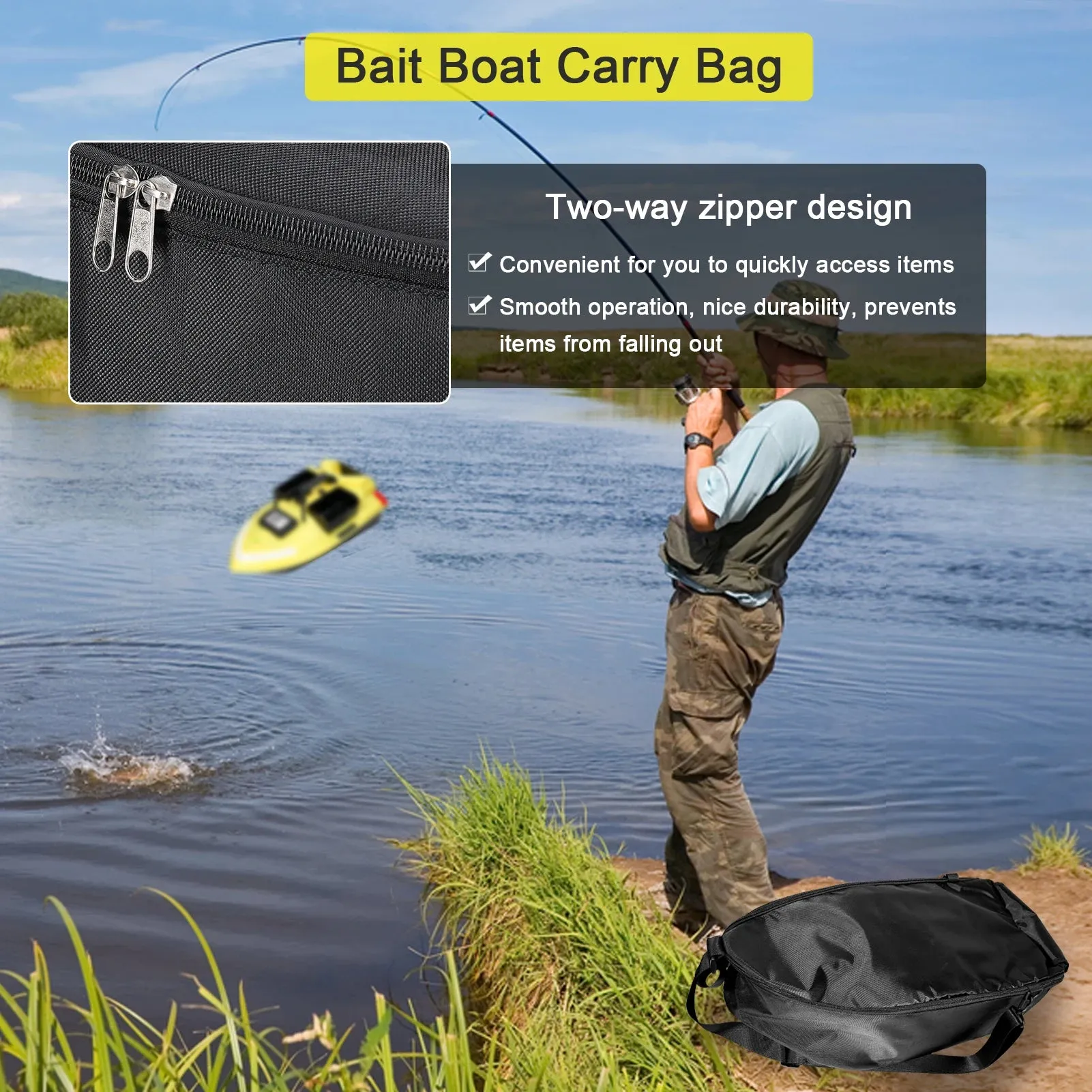 Carry Bag for Fishing Bait Boat Wear Resistant Oxford Fabric Storage Bag Handbag with Side Pouch Zipper Fishing Accessories