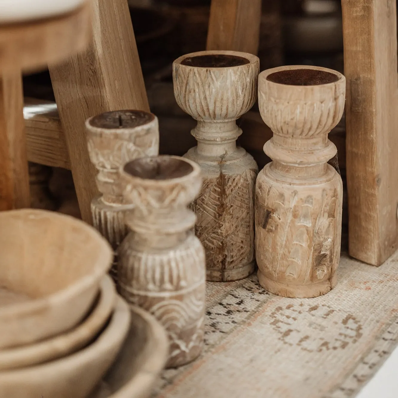 Carved Wood Candlestand - Natural