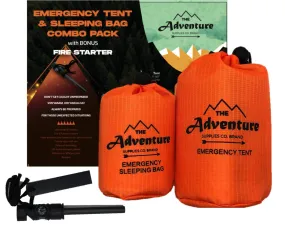 Emergency Sleeping Bag & Tent Shelter, Stocking Stuffer! Combo Prepper kit Survival Tent, Bivy Sack Tent, Sleeping Bag, Fire Starter   Whistle, Mylar Thermal Adventure Supply Co.