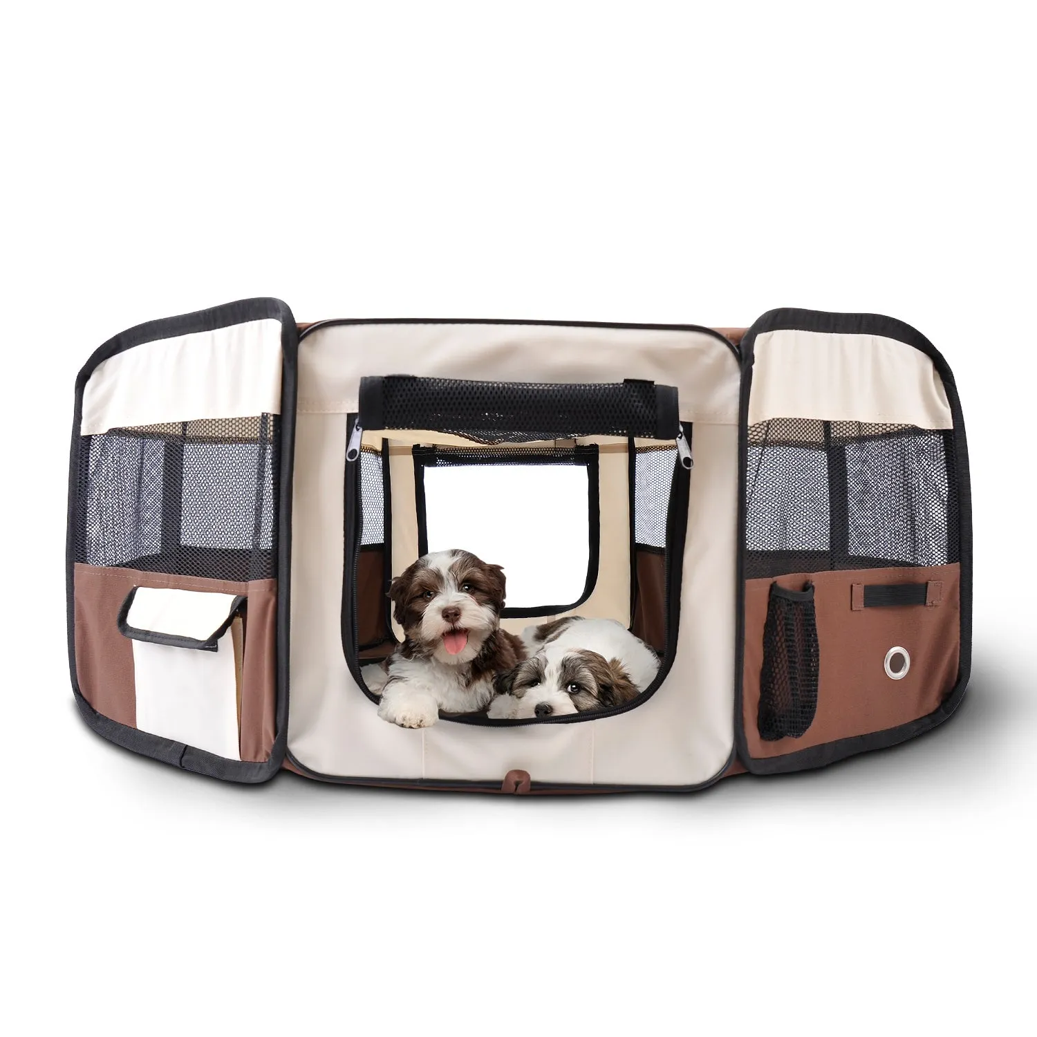 Fabric Dog Play Pen Puppy Pet Cat Rabbit Pig Guinea Playpen Run Indoor & Outdoor, Dia 90 x 41H cm Brown