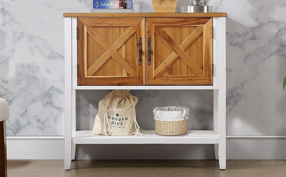 Farmhouse Console Table, Antique White   Natural Acacia