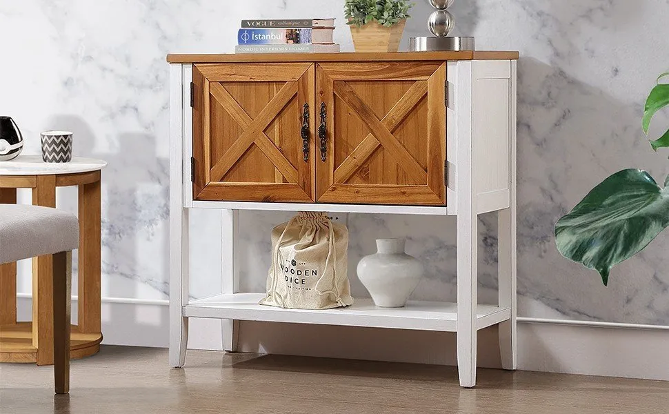 Farmhouse Console Table, Antique White   Natural Acacia