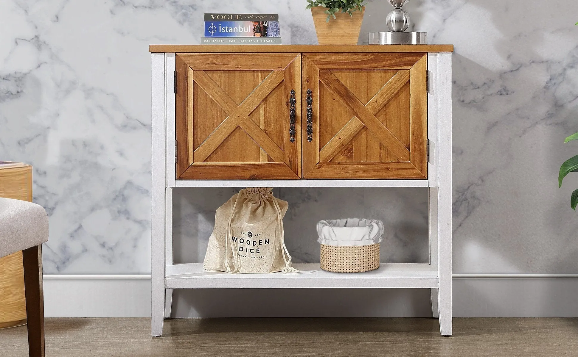 Farmhouse Console Table, Antique White   Natural Acacia