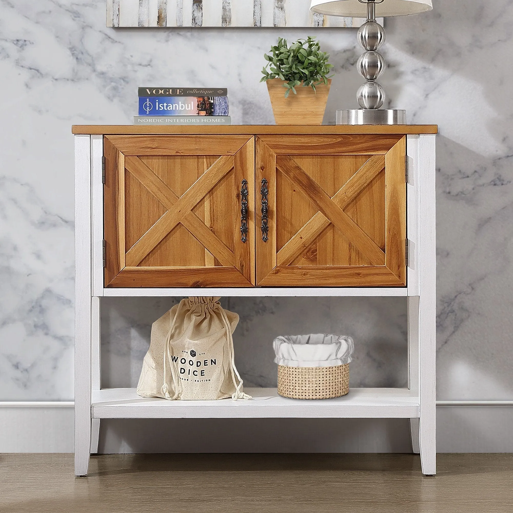 Farmhouse Console Table, Antique White   Natural Acacia