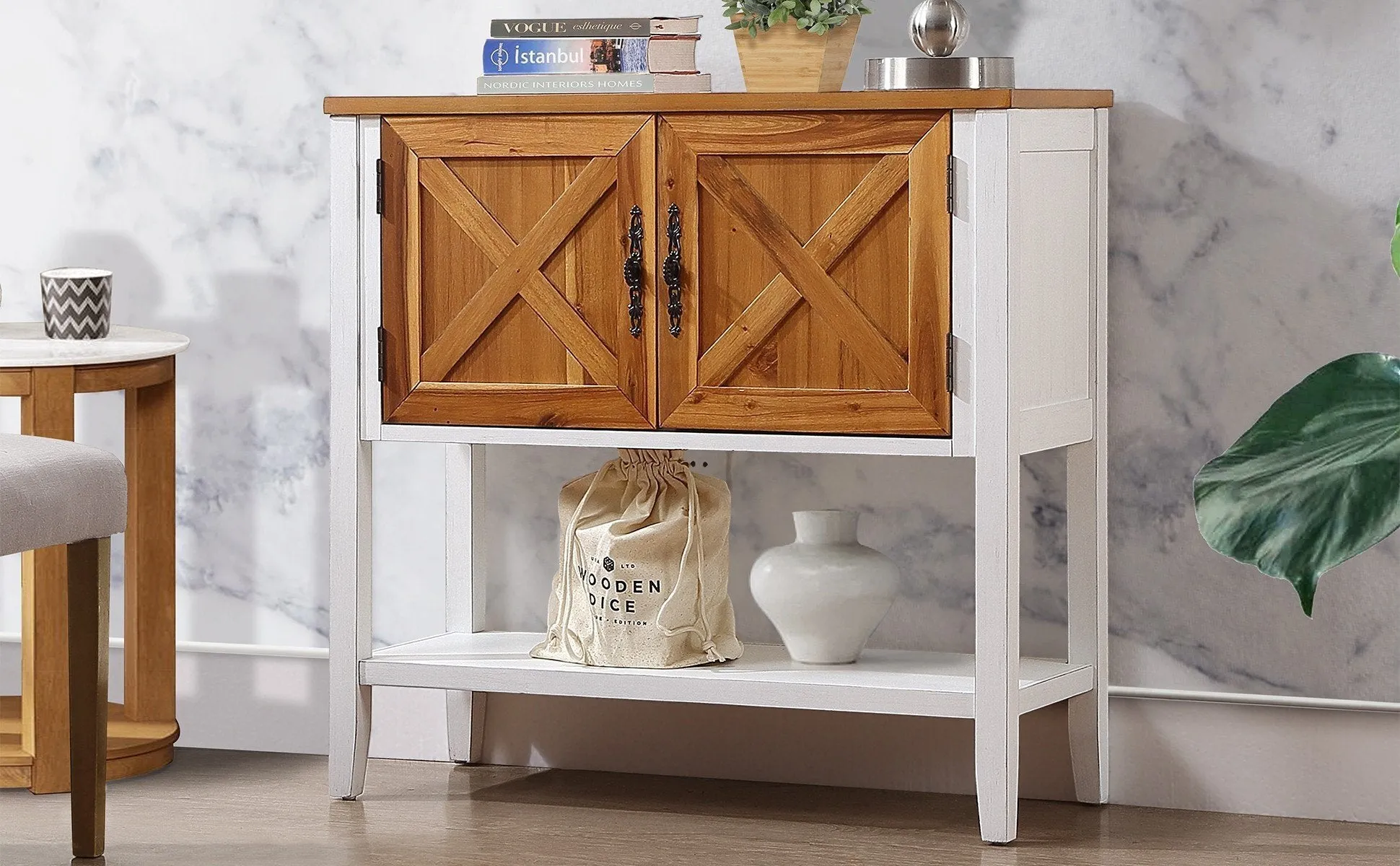 Farmhouse Console Table, Antique White   Natural Acacia