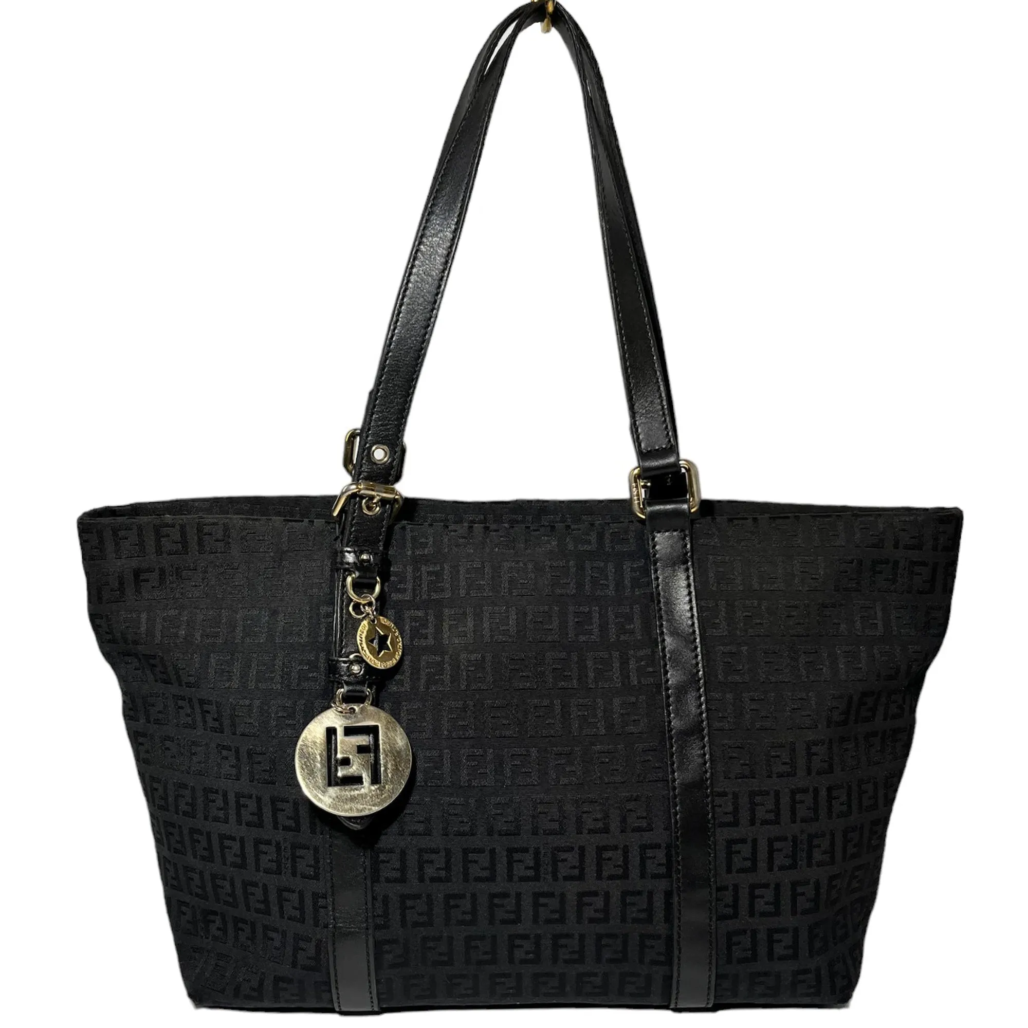 FENDI Black Zucca Fabric and Leather Tote Shoulder Bag LHQ11