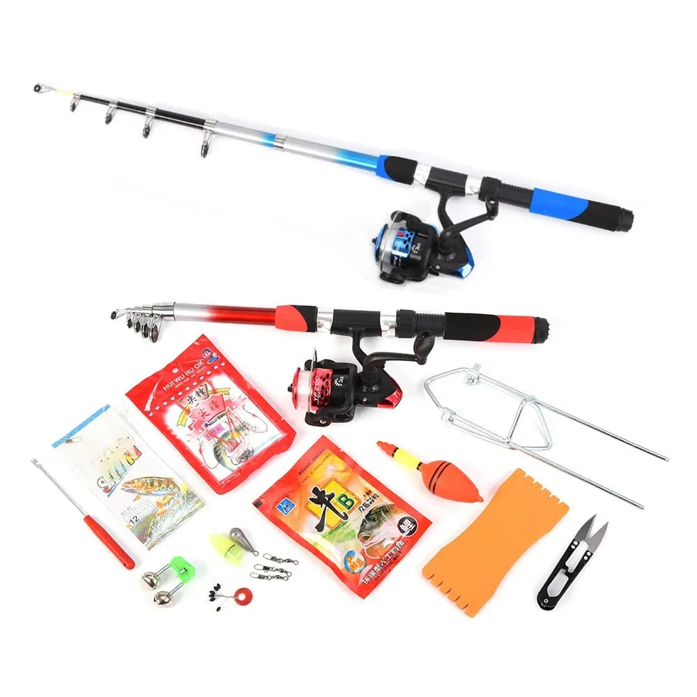 Fishing Rod Reel Combo Full Kit with 2PCS 2.1m Telescopic Fishing Rods 2PCS Spinning Reels Fishing Lures Hooks Fishing Bag