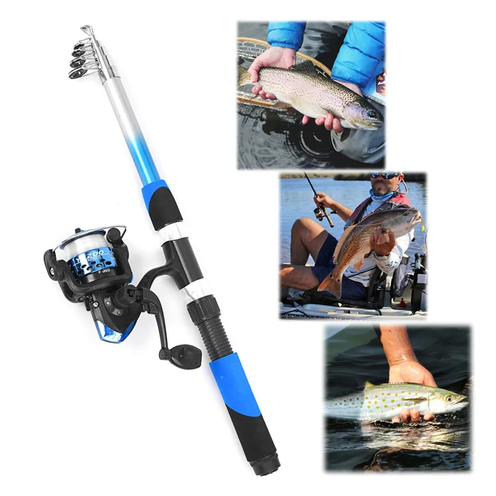 Fishing Rod Reel Combo Full Kit with 2PCS 2.1m Telescopic Fishing Rods 2PCS Spinning Reels Fishing Lures Hooks Fishing Bag