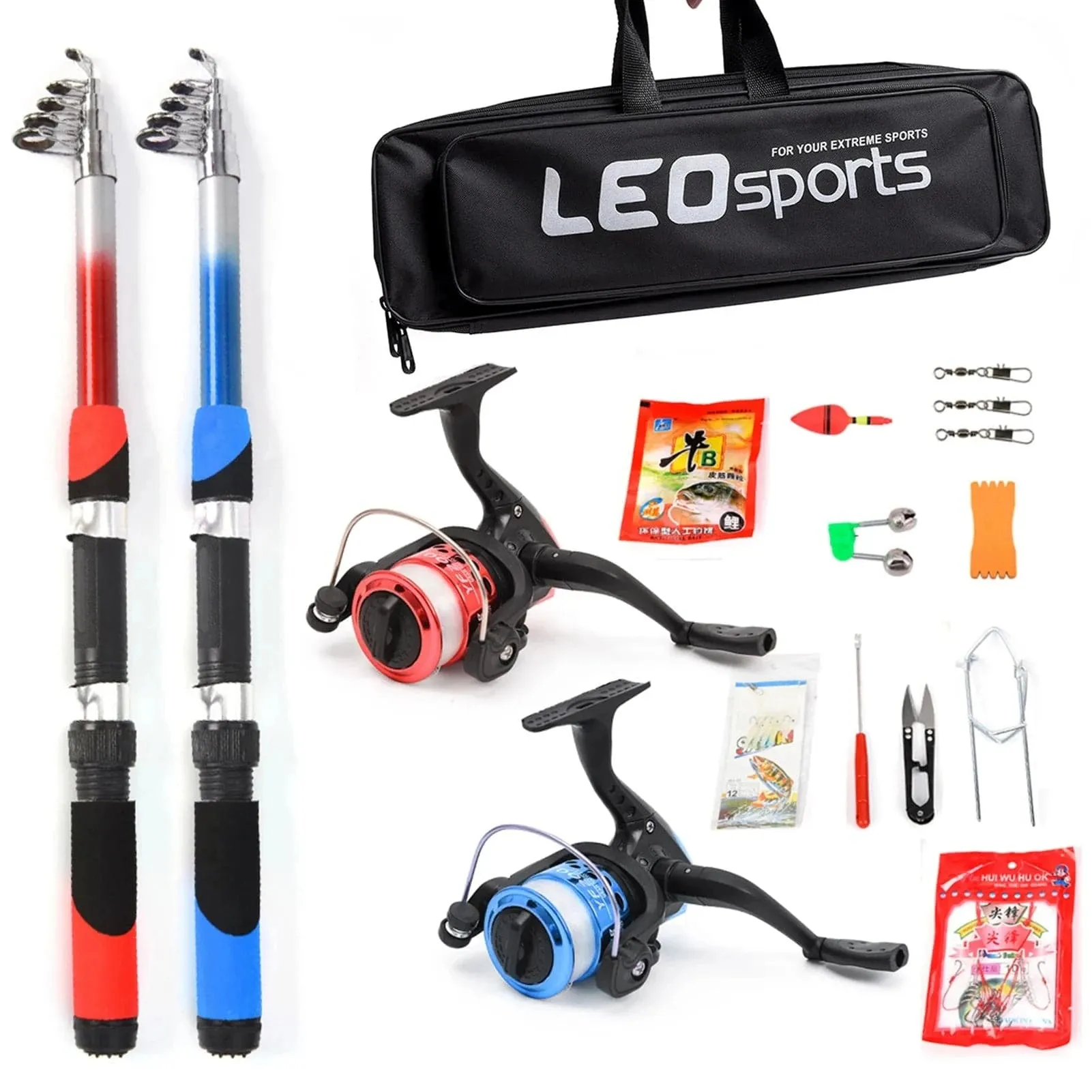 Fishing Rod Reel Combo Full Kit with 2PCS 2.1m Telescopic Fishing Rods 2PCS Spinning Reels Fishing Lures Hooks Fishing Bag