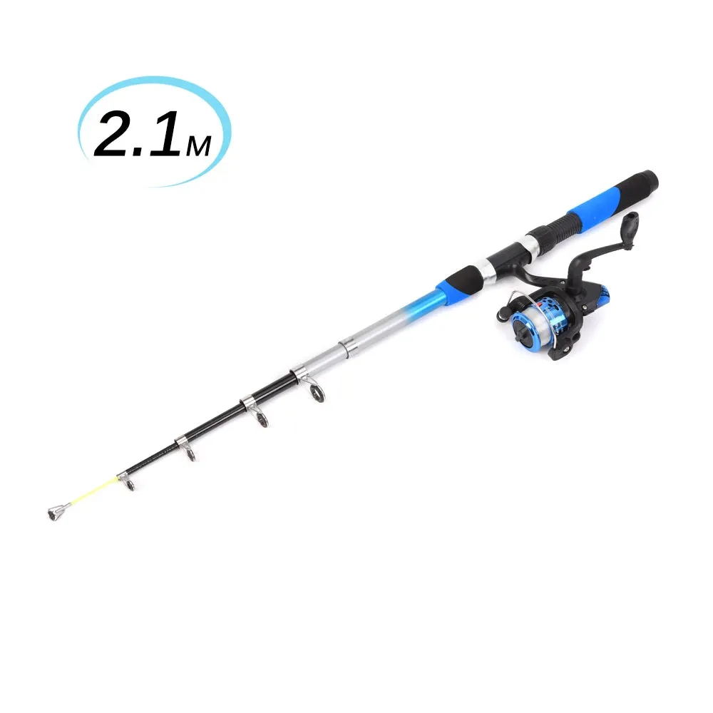 Fishing Rod Reel Combo Full Kit with 2PCS 2.1m Telescopic Fishing Rods 2PCS Spinning Reels Fishing Lures Hooks Fishing Bag