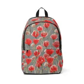 Gray Red Poppy Backpack, Flower Floral Print Nylon Travel School Bag w/ Laptop Slot