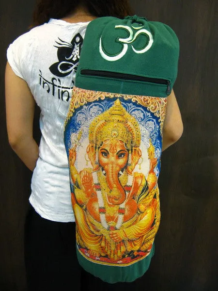 Green Embroidered Ohm   Ganesha Print Cotton & Hemp Yoga Mat Bag