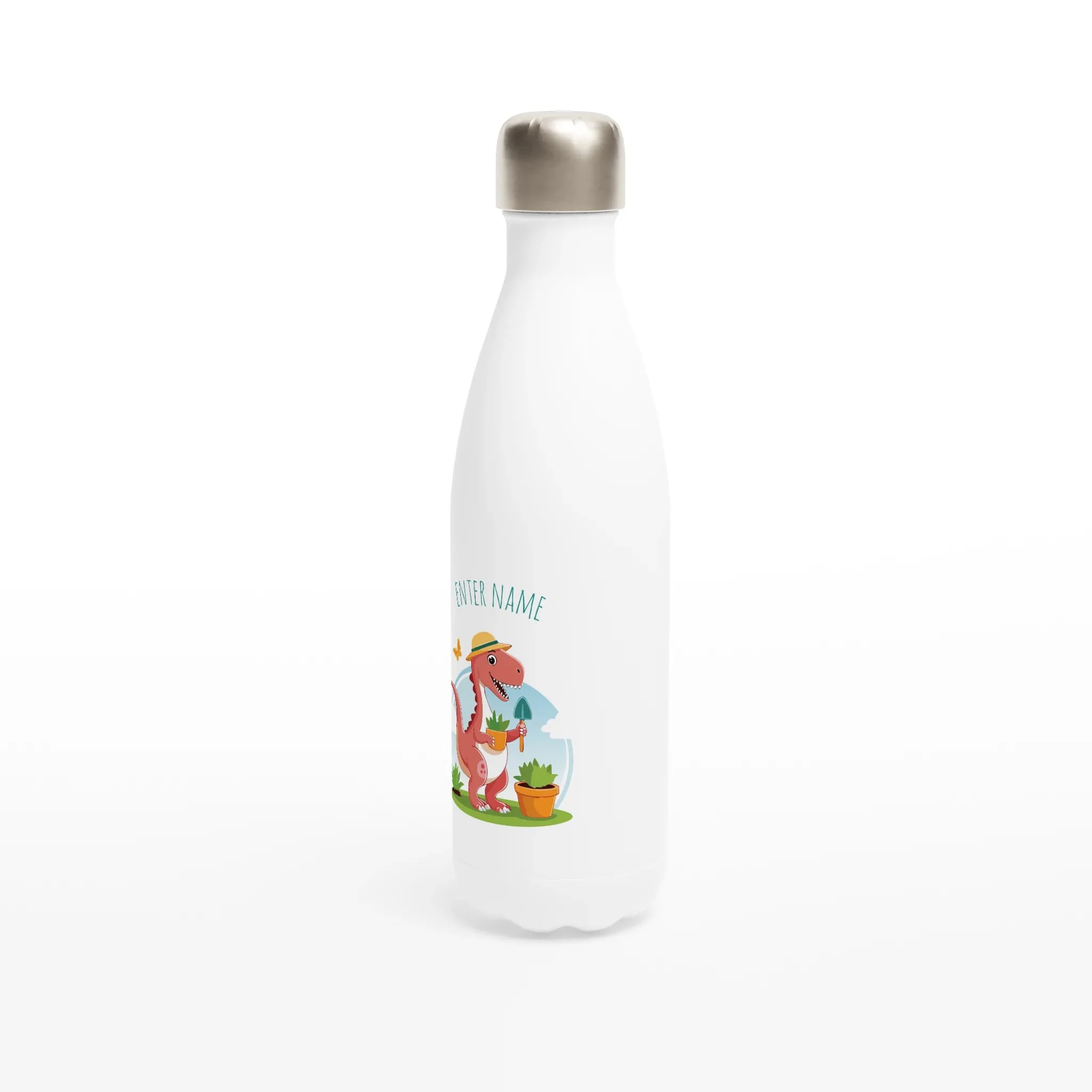 Green Fingered Tyrannosaurus White 17oz Stainless Steel Water Bottle   Personalised Name