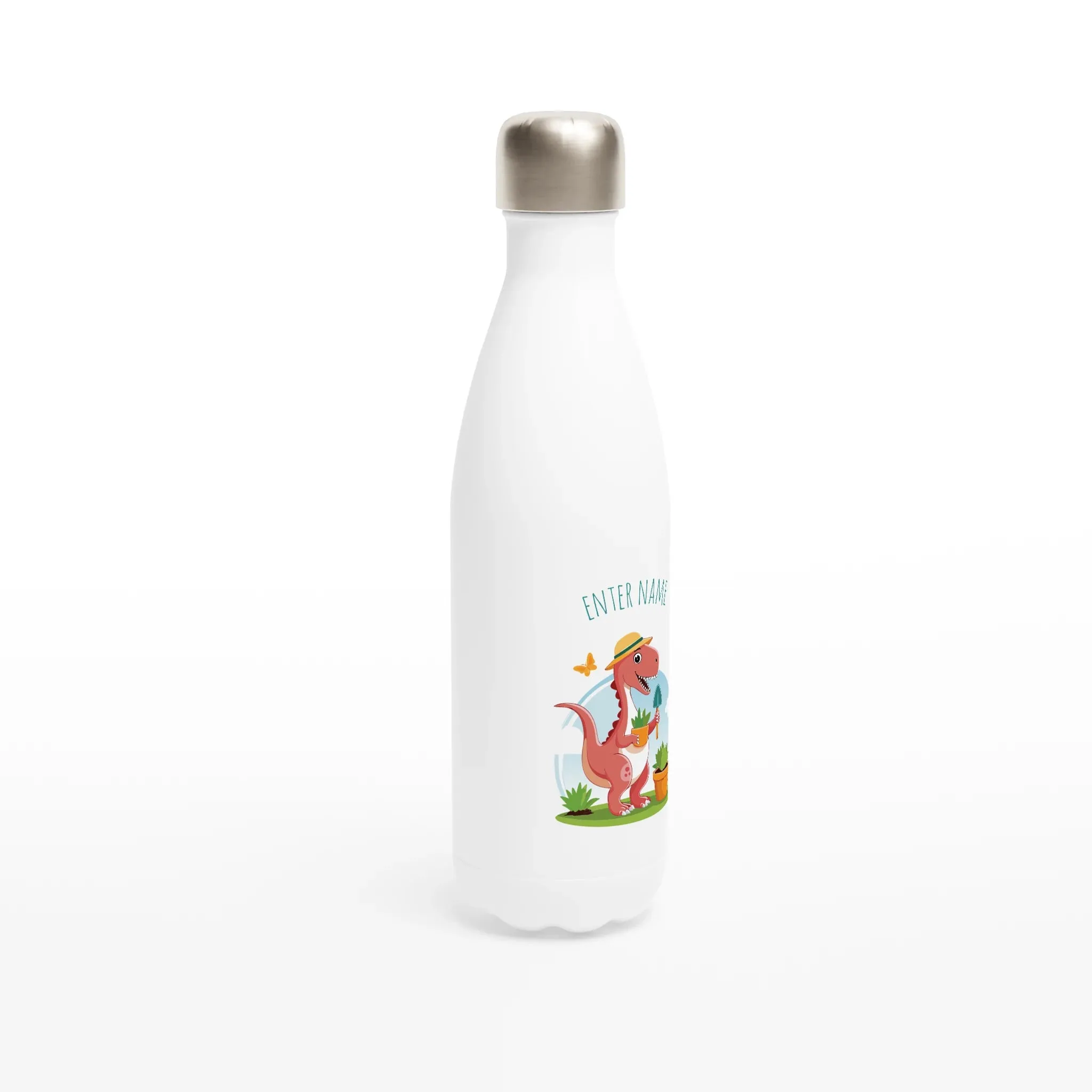 Green Fingered Tyrannosaurus White 17oz Stainless Steel Water Bottle   Personalised Name