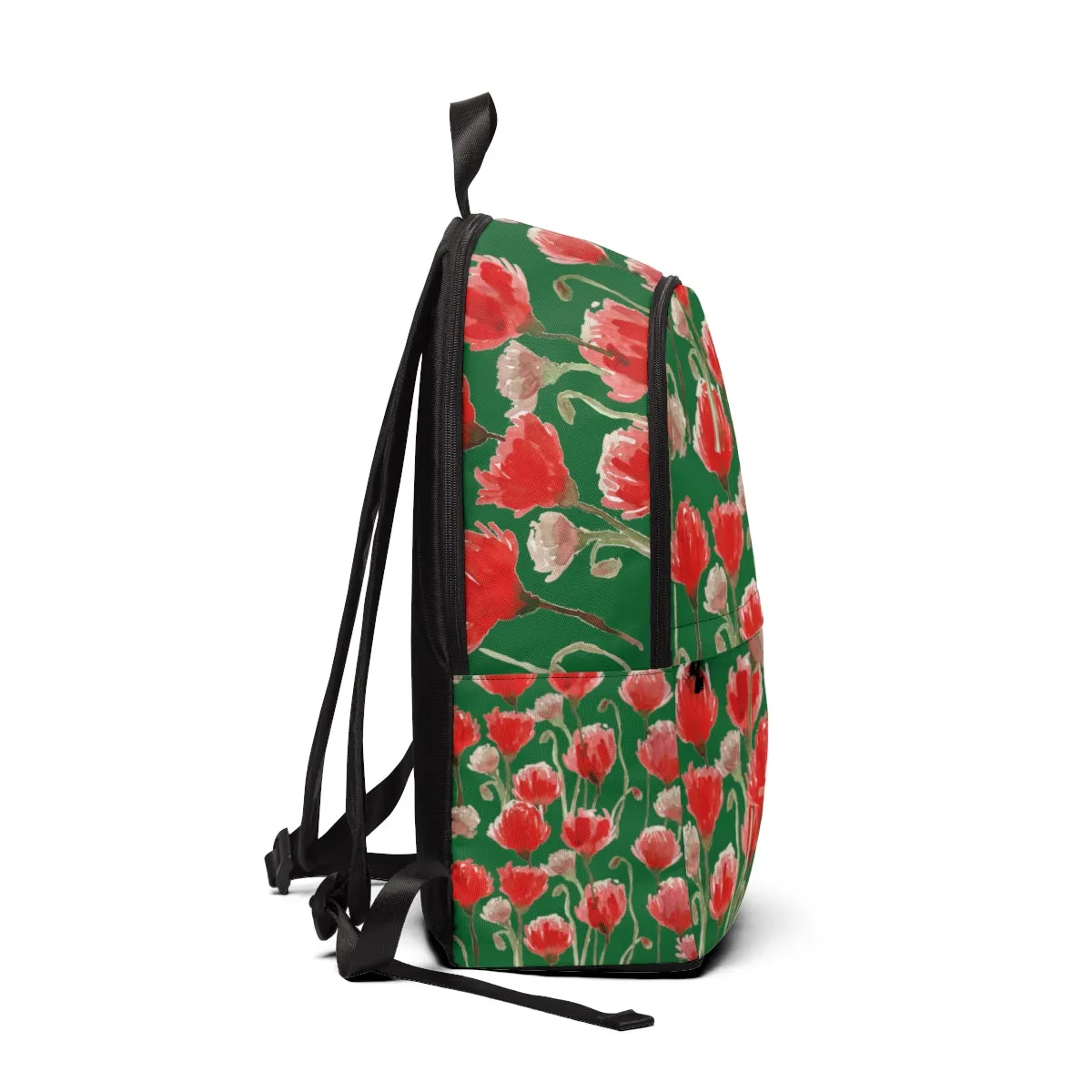 Green Red Poppy Backpack, Flower Floral Print Travel School Luggage Bag w/ Laptop Slot