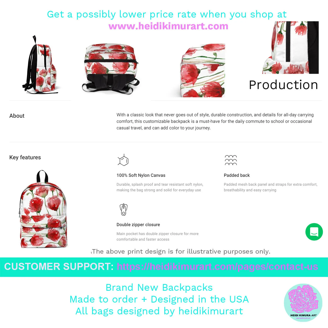 Green Red Poppy Backpack, Flower Floral Print Travel School Luggage Bag w/ Laptop Slot