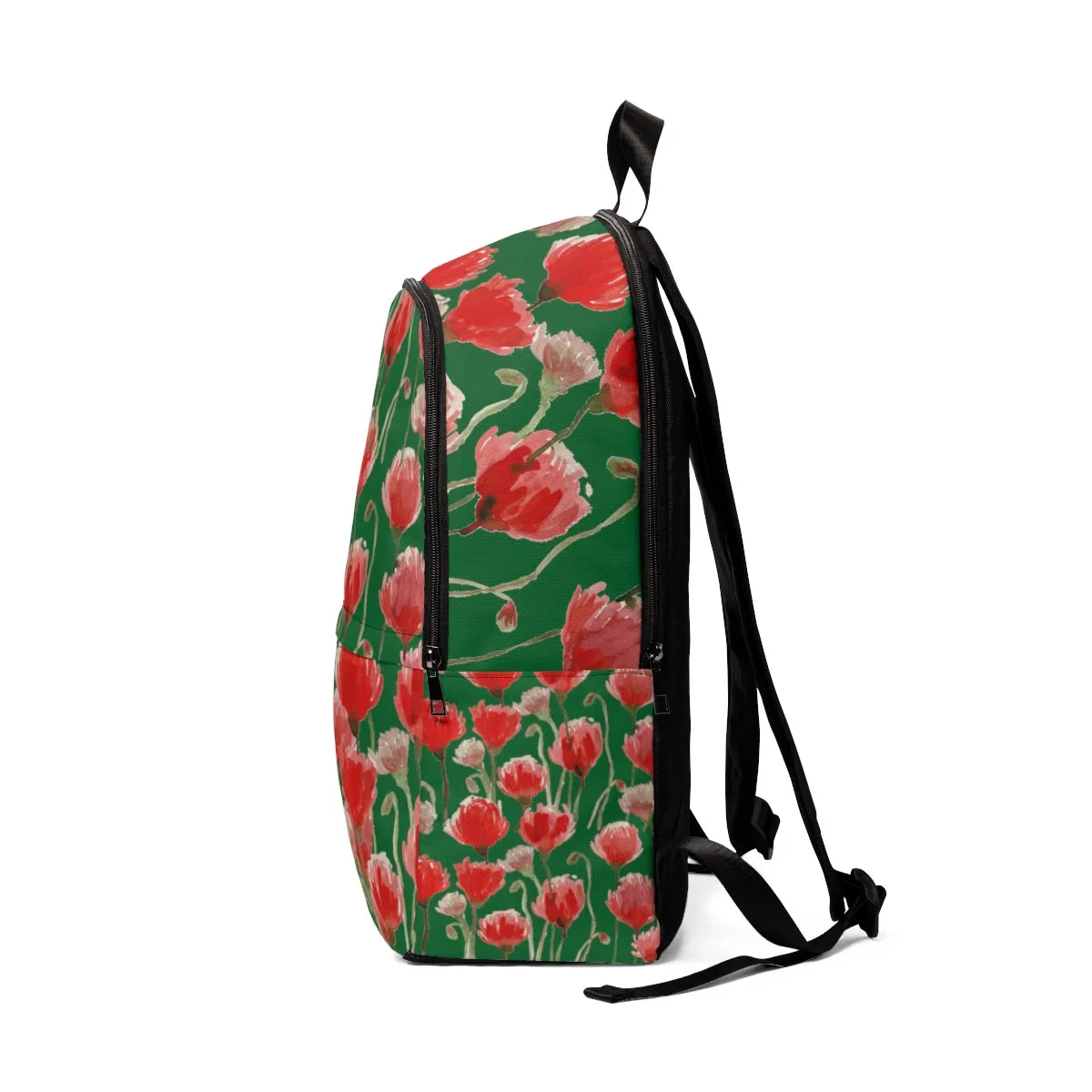 Green Red Poppy Backpack, Flower Floral Print Travel School Luggage Bag w/ Laptop Slot