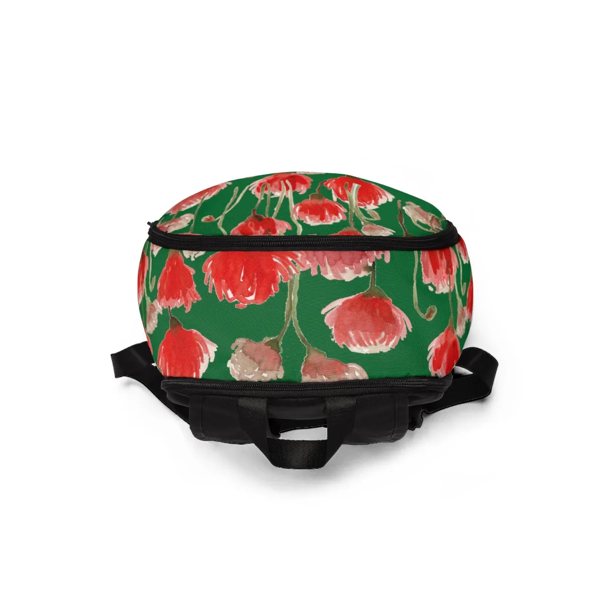 Green Red Poppy Backpack, Flower Floral Print Travel School Luggage Bag w/ Laptop Slot