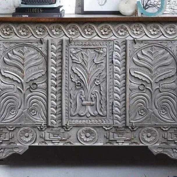 Hand Carved Wooden Entryway Cabinet