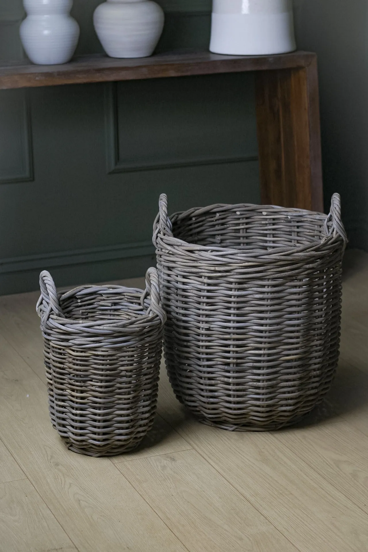 Hartford Round Rustic Grey Washed Rattan Storage Basket