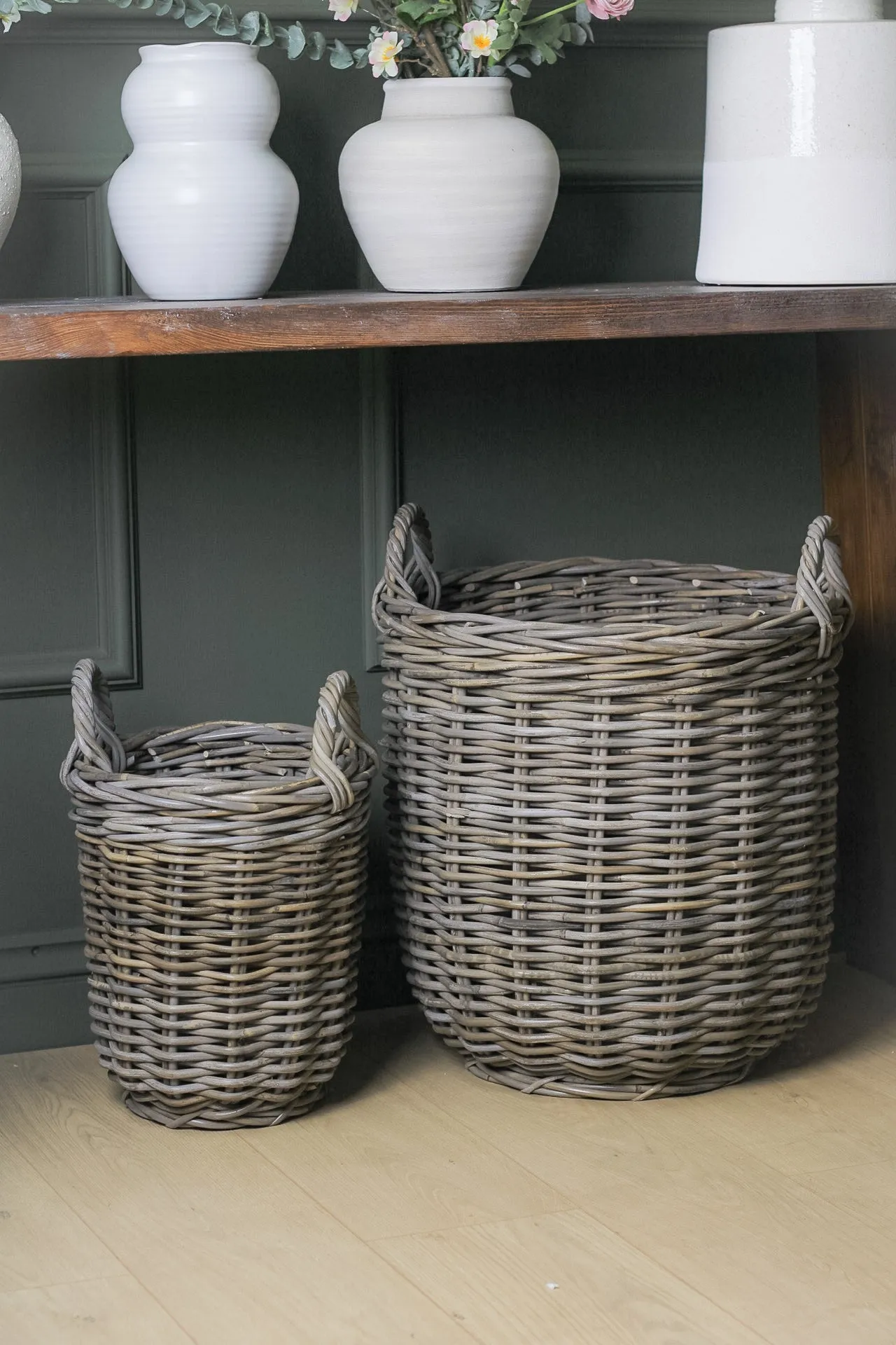 Hartford Round Rustic Grey Washed Rattan Storage Basket